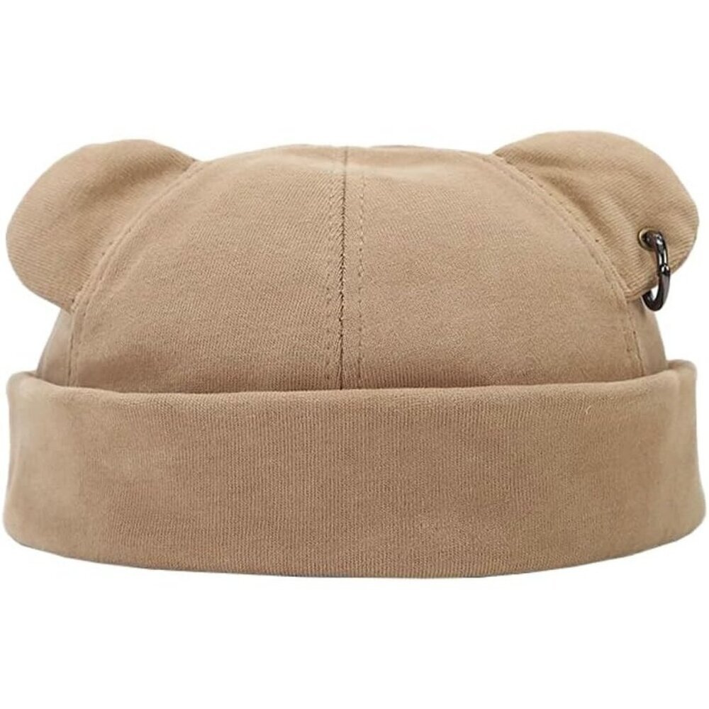 Unisex Khaki Bear Ear Skull Cap Brimless Cap Adjustable Docker Cap Docker Cap